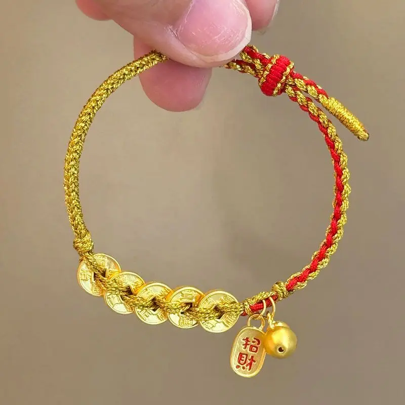 Traditional Gold Five Emperor Coins Gourd Bracelet for Women New Versatile Wealth-Attracting Woven Bracelet Gift for Girlfriend