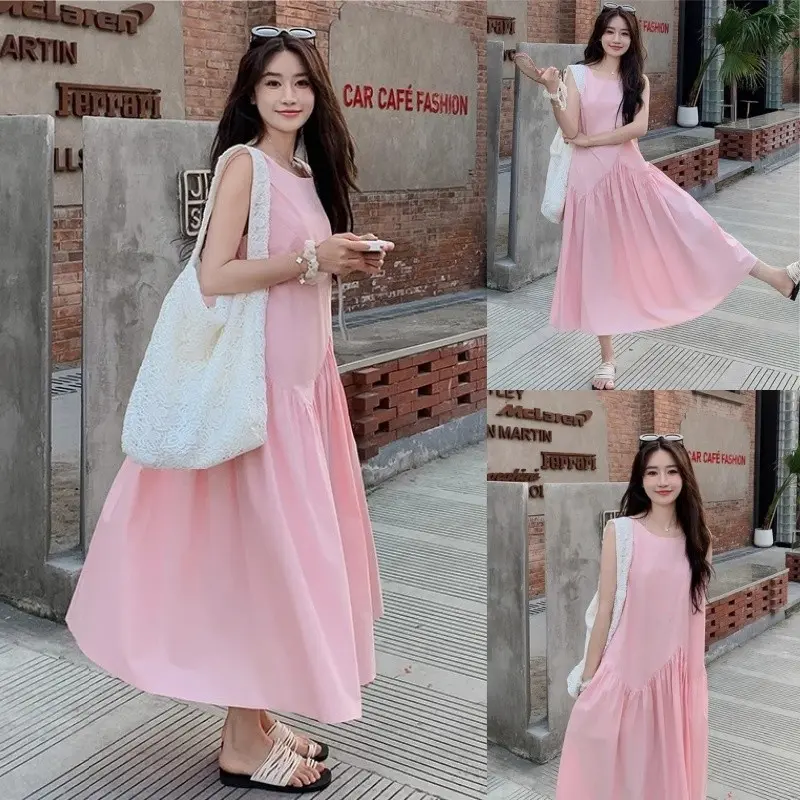 Váy đi biển trễ vai Đầm bigsize nữ màu hồng khí chất Pháp mẫu mới váy dài mùa hè