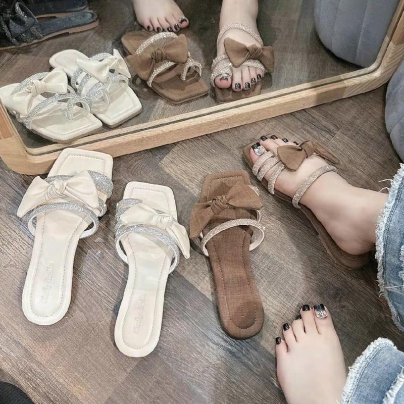 Dép nữ quai ngang đính đá phối nơ đế bệt sang trọng dép kiểu nữ đẹp DéP Shoes GiàY giay dep