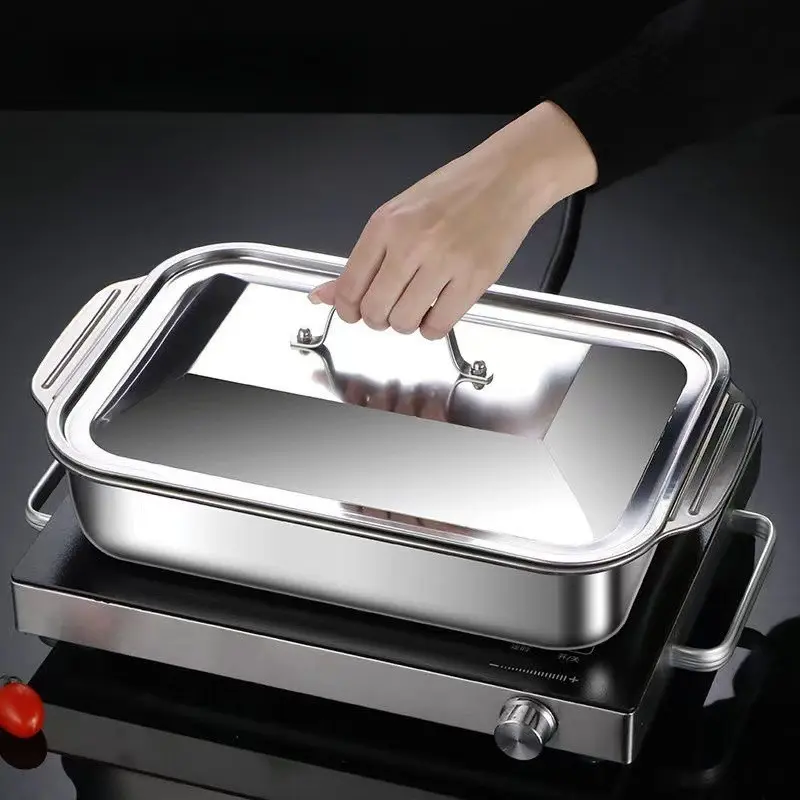 Khay Nấu Ăn Inox Sus410 Có Nắp Để Om cá, Nướng Bánh, Nấu Lẩu Đa Năng - Kích Thước 41cm x 24cm x 8cm 4