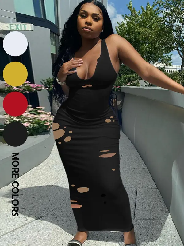 Women's Plain Ripped Notched Neck Bodycon Dress, Casual Sleeveless Long Dress for Summer, Ladies Clothes for Nightclub Party Daily Wear 6