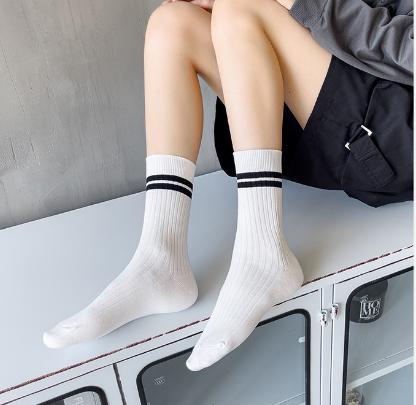 Product Introduction of 【URBAN Crew Socks】 Unisex Spring Crew Socks - Embrace Korean and Japanese Style with Two Bars and Striped Cotton Tubes, Pile Socks for an Ins Socks College Vibe Comfort Fashion Casual Chic Womenswear Medium Lingerie Lady 3