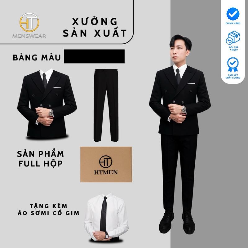 Bộ vest Nam HTMenswear 6 cúc chất liệu vải 79 dày dặn, gia công may kỹ Áo/Đen - Slimfit ôm sát, đai cáp trượt tiên tiến - Pants