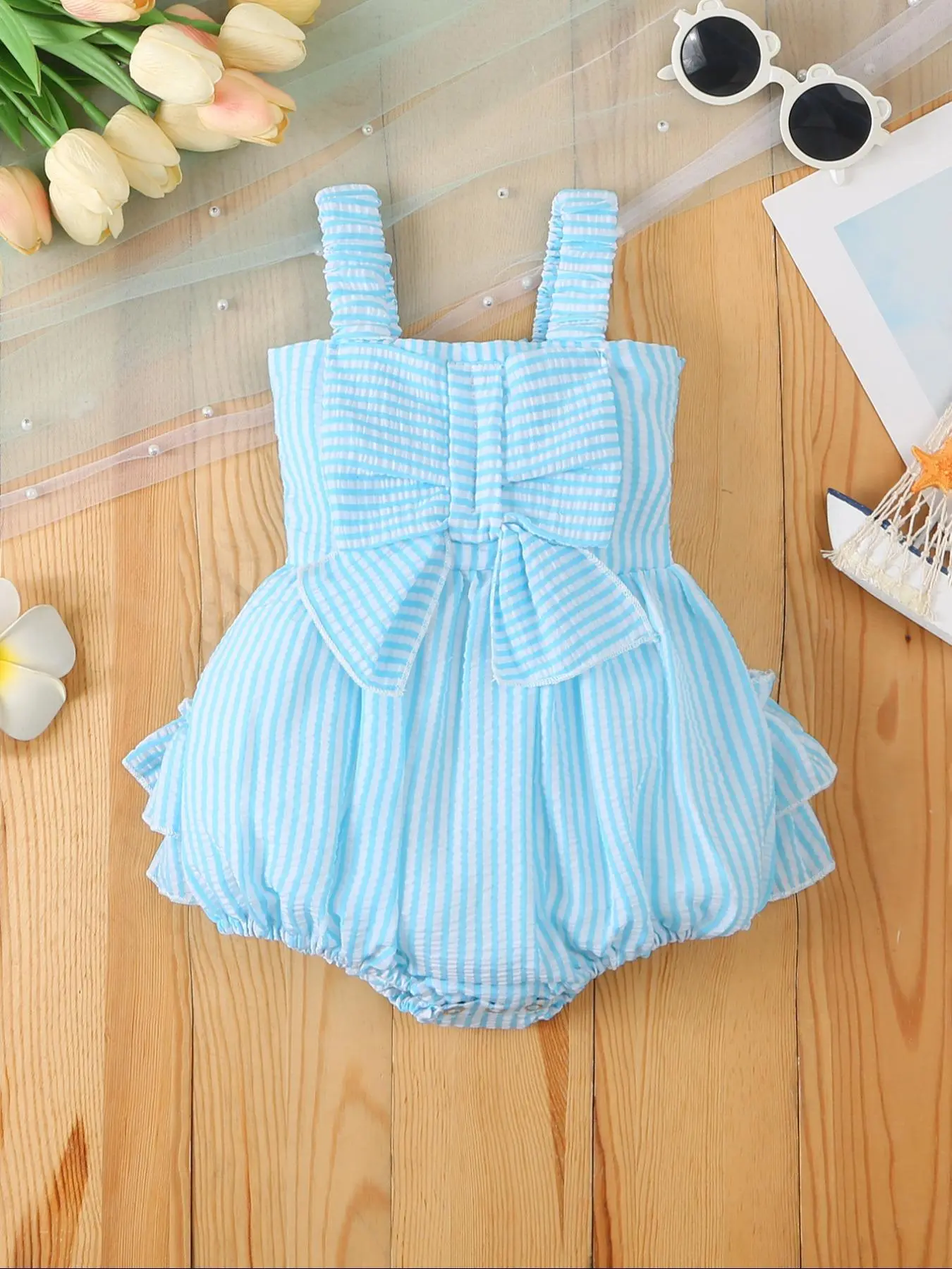 Baby Girl's Striped Print Bow Decor Bodysuit, Cute Sleeveless Bodysuit for Baby Girls, Newborn Infant Kids Summer Clothes