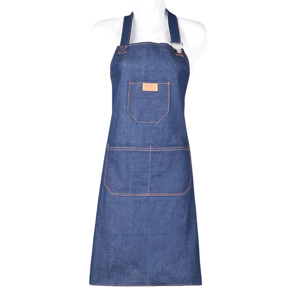 Adjustable Denim Apron with Multi Pockets Unisex Long Bib Aprons for Chef BBQ Kitchen Durable to Use