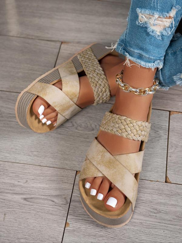 Women's Fashionable Plain Color Wide Band Platform Sandals, Casual Versatile Crossed Straps Sandals for Summer, Lightweight Breathable Comfortable Barefoot Shoes for Daily Wear, Girl 7