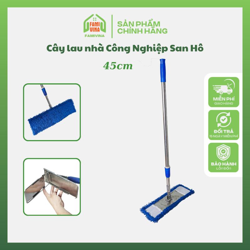 Cây lau nhà công nghiệp san hô 45cm sợi microfiber  , chổi lau nhà Inox tự vắt bàn xoay 360 Làm Sạch mọi góc ngách  khóa tăng đưa dài 1m4