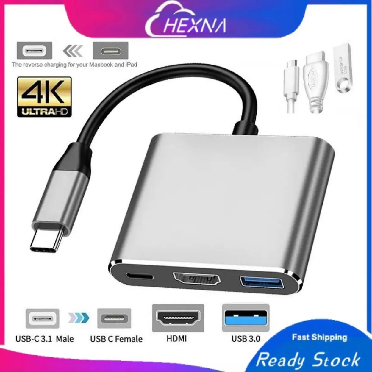 3 in 1 type C USB Hub To HDMI Adapter Splitter 4K USB 3.0 100W PD OTG Converter For Samsung Galaxy S9/S8 Tablet