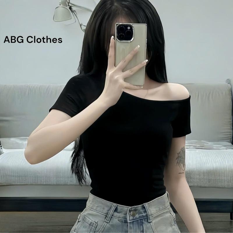 Áo Trễ Vai Kiểu Cộc Tay Ôm Body Quyến Rũ Vải Thun Zip Mịn Cho Nữ Top Women Voi