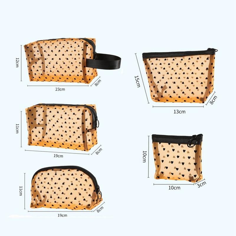 High Quality Heart Transparent Mesh Makeup Bag Multifunction Portable Ladies Toiletry Storage Bag Black/White/Beige Lipstick Organizer Bags 2