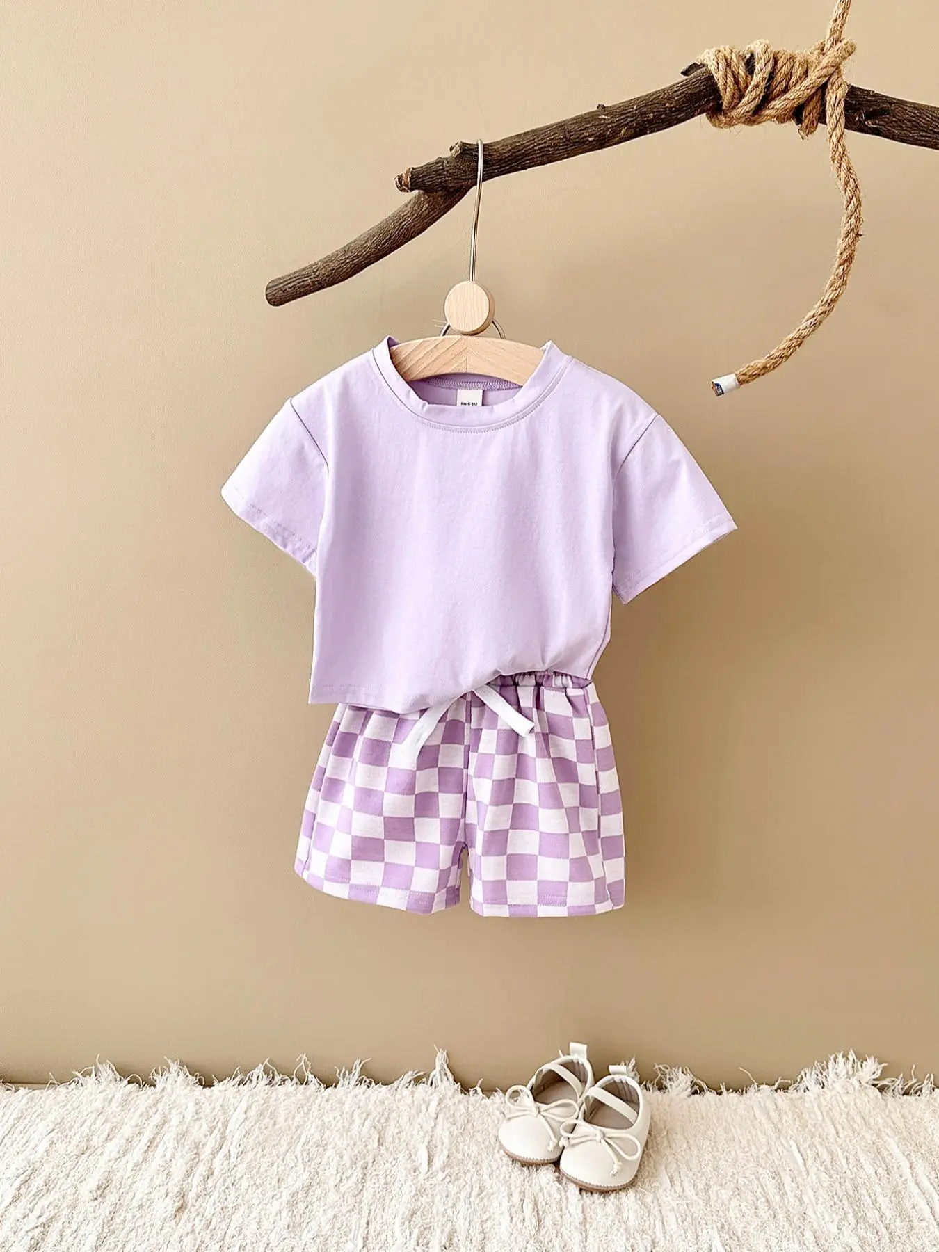 Baby's Solid Short Sleeve Tee & Plaid Print Shorts Two-piece Set, Casual Round Neck T-shirt & Shorts for Daily Wear, Infant Toddler Kids Summer Clothes