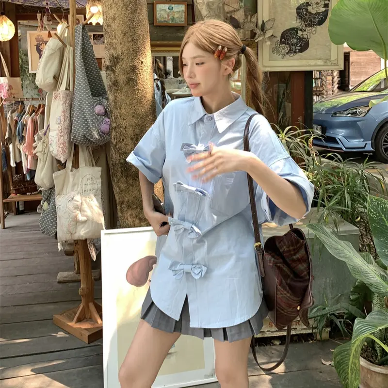 Áo sơ mi tay ngắn đính nơ ba chiều dành cho nữ, Áo sơ mi form rộng màu trơn mùa hè Top Women Xanh Trắng áo sơ mi nữ hottrend 5