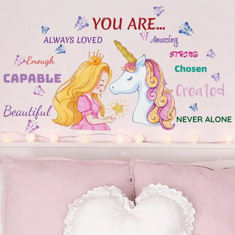 1 Set Cartoon Girl & Unicorn Pattern Wall Decal, Colorful Wall Decor Sticker,  Slogan Graphic Creative Wall Decal For Home Bedroom Decoration