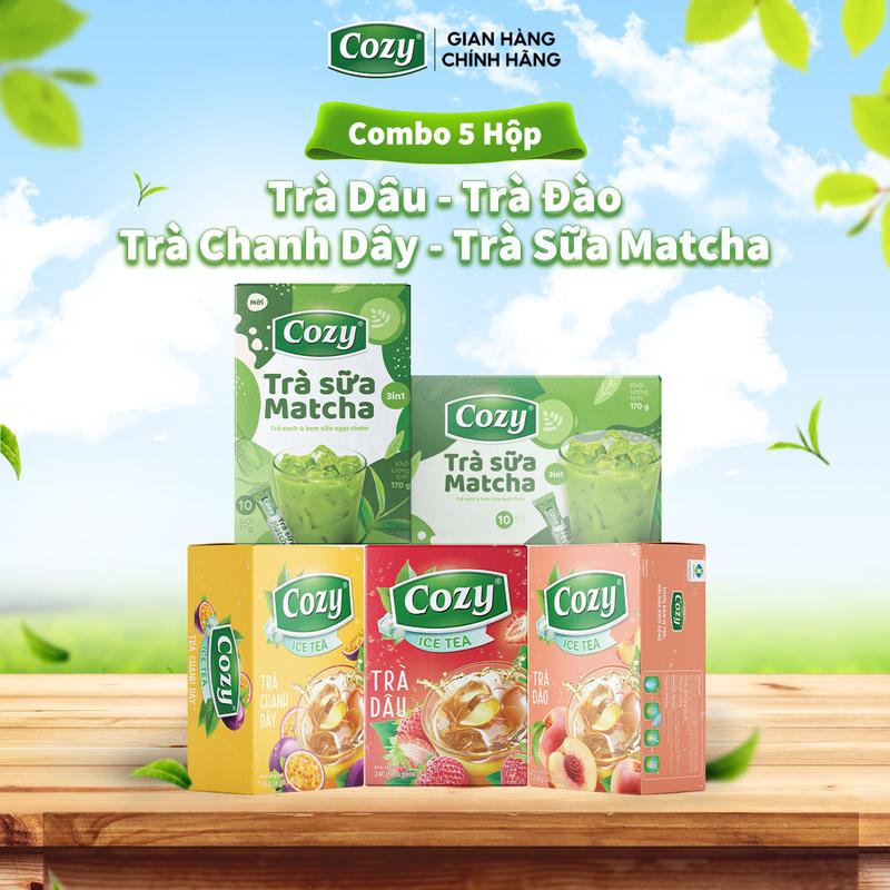 [COMBO 5] Trà Hòa Tan + Trà Sữa Cozy Tea: Trà Đào, Dâu, Chanh Dây, 2 Hộp Trà Sữa Matcha Thức Uống Giải Khát Và Giải Nhiệt Thơm Ngon Dùng Trong pha Chế Cho Mùa Hè, Trà Tươi Sạch Nguyên Chất