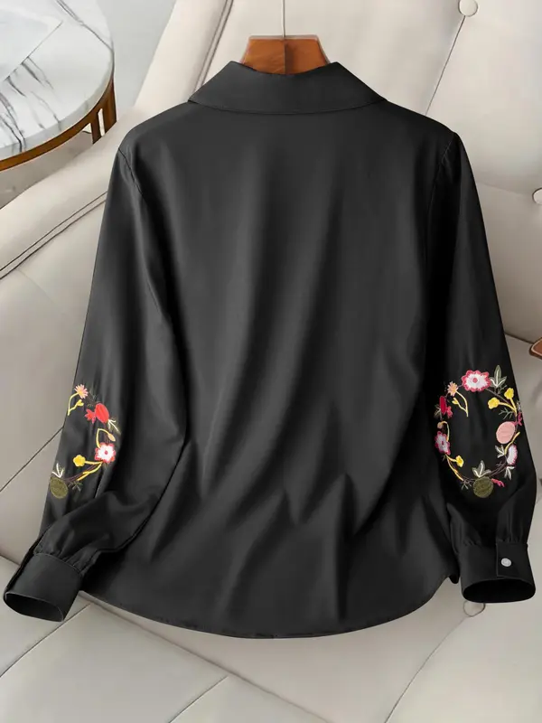 Women's Floral Embroidery Button Front Blouse, Elegant Bishop Sleeve Collared Top for Daily Wear, Ladies Clothes for All Seasons 1