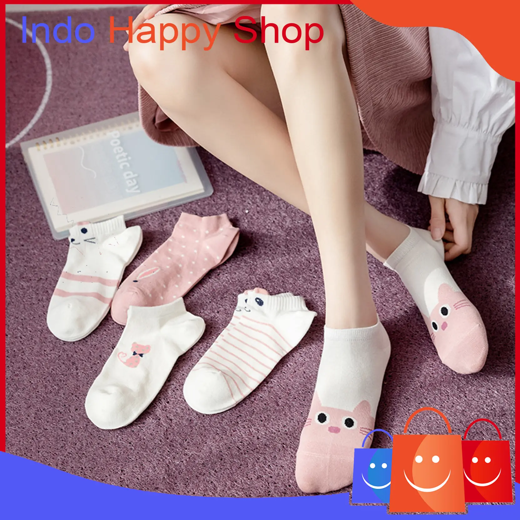Kaos Kaki Wanita Motif Kucing Lucu Fashion Korea Kaos Kaki Pendek Wanita Ankle Socks 243