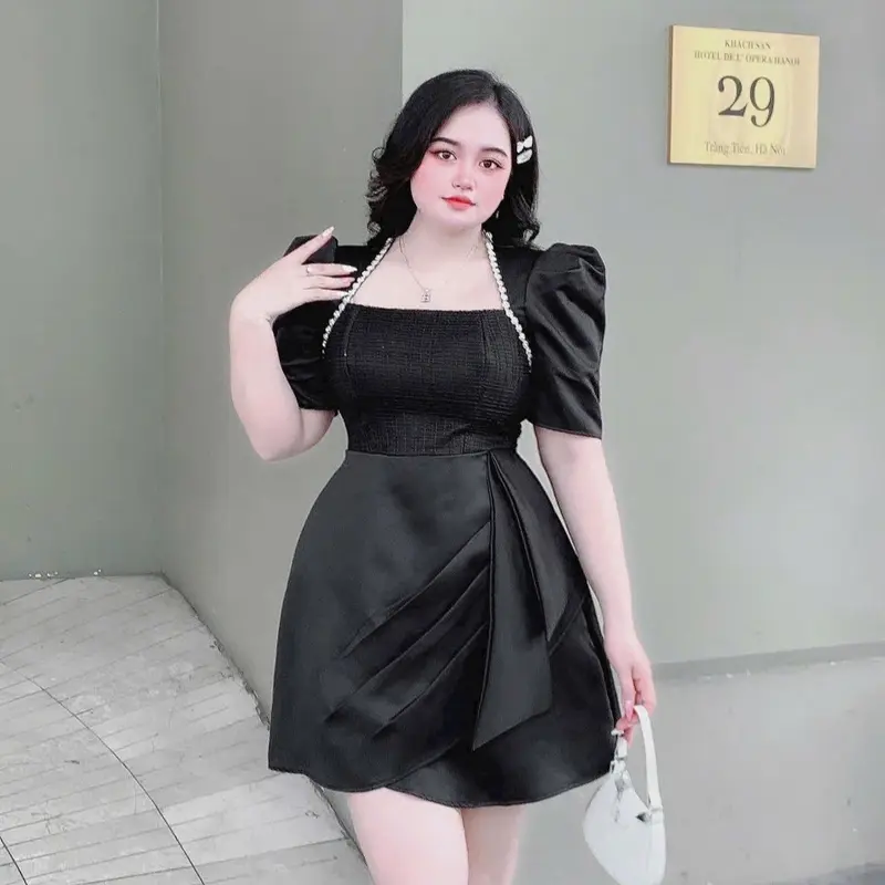 [ANiE Bigsize] Đầm Tiệc Đính Viền Đá Tay Phồng Xếp Eo Bigsize 60 đến 90ký Chất Vải Tapta Dáng Ngắn Có màu Đen/ Trắng/ Kem Để Đi Tiệc Hoặc Đi Chơi Nữ Dress Women 2