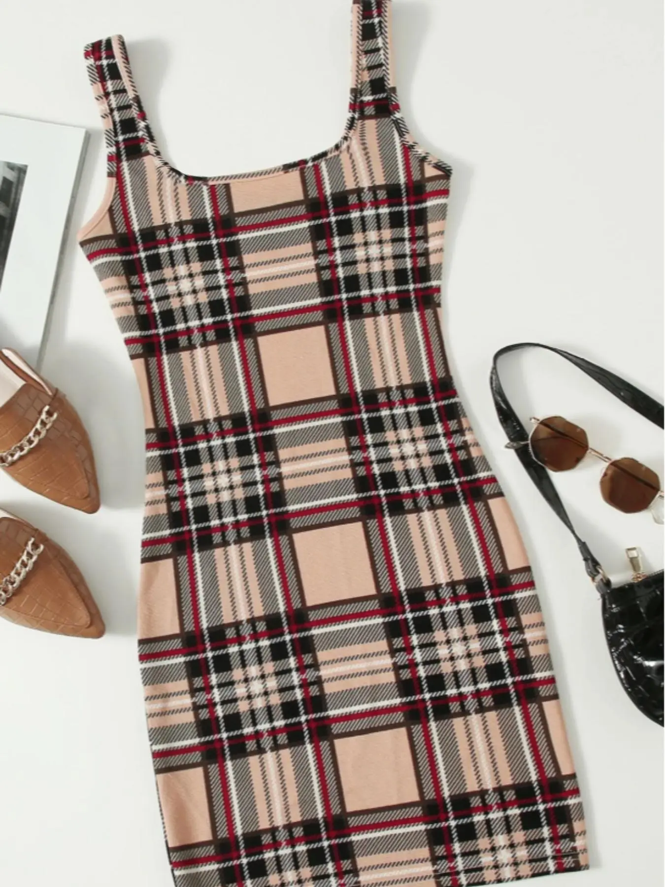Women's Plaid Print Square Neck Bodycon Dress, Summer Clothes Women, Retro Printed Sleeveless Tank Dress For Summer, Casual Fashion Women's Dress For Summer, Summer Dress Summer Clothes