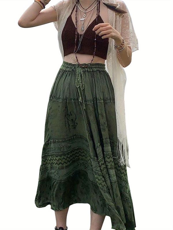 TikTok Shop Women Vintage Midi Skirt Elastic Waist A Line Retro Print Tiered Drawstring Skirt Going Out Flowy Y2k Skirt