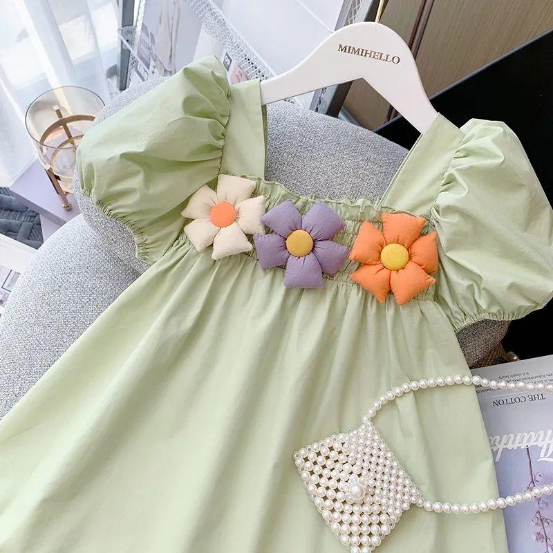 Váy Mùa Hè, Thời Trang Bé Gái, Váy Công Chúa Ngọt Ngào Váy Cổ Vuông Dễ Thương, Cho Bé, Mới Năm 2024 2