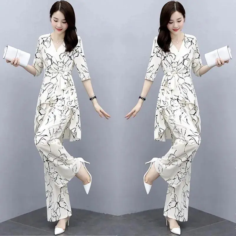 Bộ Đồ Đơn Cho Nữ, Áo Sơ Mi Voan Thời Trang Cỡ Lớn Thanh Lịch Mới, Dáng Rộng, Giấu Bụng, Quần Ống Rộng, Bộ Hai Mảnh, Mùa Hè 2023