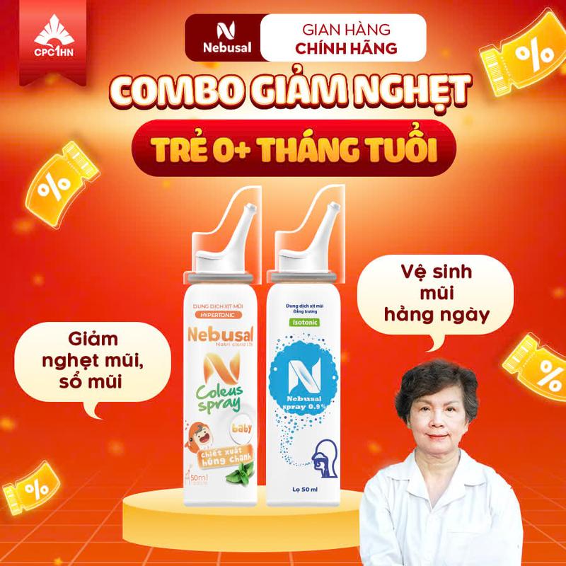 Combo Nebusal Húng Chanh Giảm Nghẹt Mũi, Sổ mũi - Vệ Sinh Mũi Hằng Ngày Cho Trẻ Sơ Sinh và Trẻ Nhỏ (50ml) Cho Bé