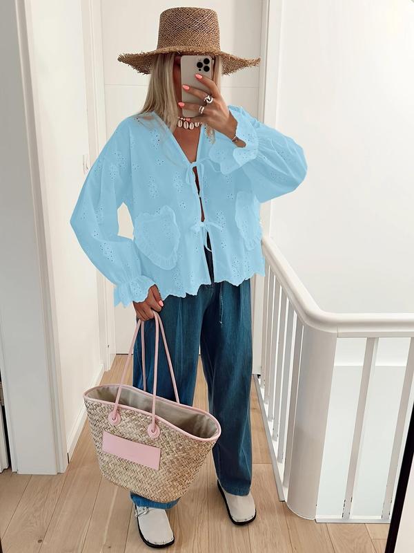 Women's Eyelet Embroidery Shirt, Casual Long Sleeve Top for Summer, Women's Clothing for Daily Wear, Blouse 5