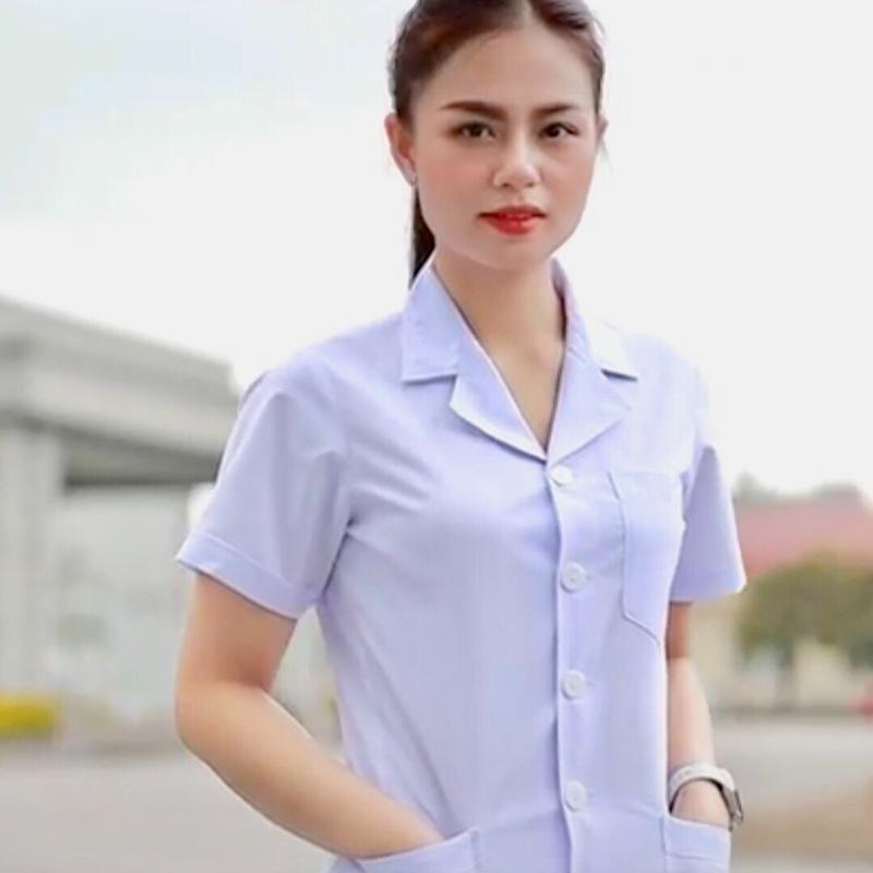 Áo blouse y tá nữ, dược sĩ , điều dưỡng dáng ngắn chất liệu thô oxford cao cấp