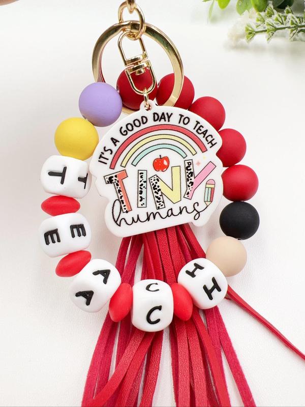 Creative Letter Pattern Tassel Decor Metal Keychain, Beaded Bracelet Decor Key Ring, Fashionable Keychain for Men & Women, Charms, Gifts for Her 5
