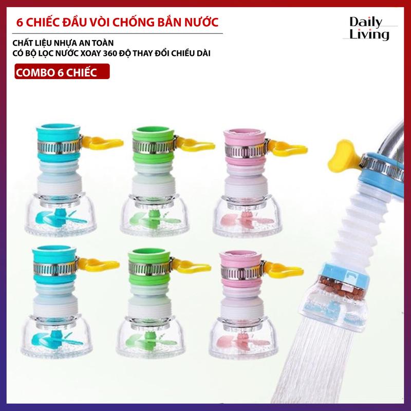 Combo 6 Vòi Nước Rửa Bát Xoay 360 DLS Đầu Vòi Nước Chống Bắn Nước Có Thể Kéo Dài Đầu Lọc Nước Tại Vòi Tiện Lợi An Toàn Vệ Sinh