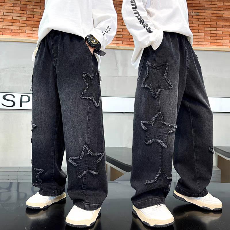 Quần Jean Xuông Hiphop Hoạ Tiết Ngôi Sao Rìa Túi Cho Bé - Dòng Sản Phẩm Mới Nhất, Đen/Xanh, Sz10-15 quan  ring trai 46ki trẻ em