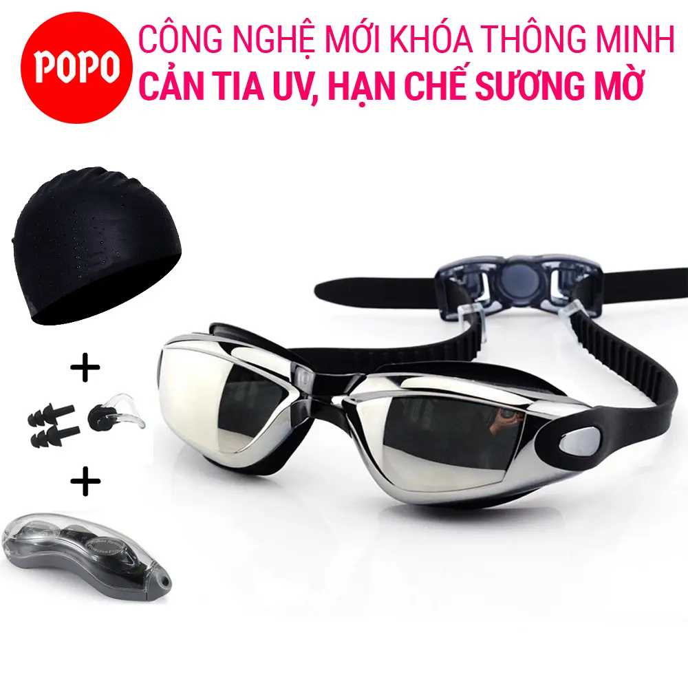 Combo kính bơi người lớn mũ bơi bịt tai kẹp mũi POPO 2360 mắt kính bơi thể thao cản tia UV, hạn chế sương mờ