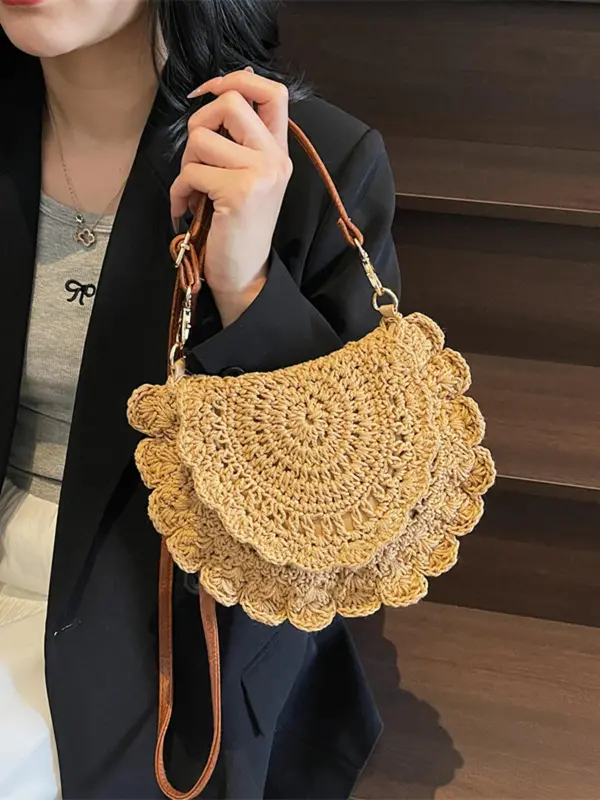 Women's Solid Color Straw Bag, Fashionable Hollow Out Crochet Design Crossbody Bag for Daily Used, Casual Trendy Versatile High-quality Daily Commuting Bag 4