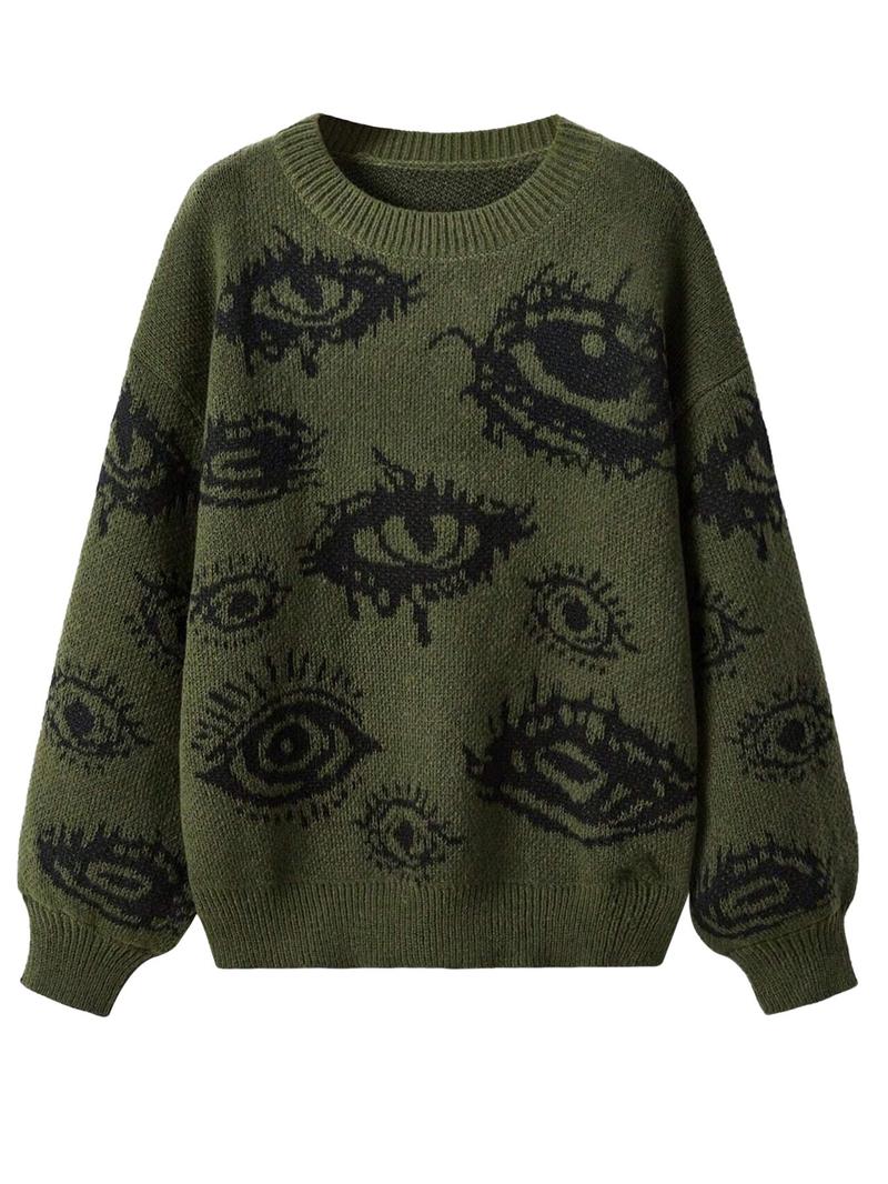 Product Introduction of Men's All Over Eye Print Drop Shoulder Sweater Pullover, Regular Fit Casual Long Sleeve Round Neck Jumper for Fall & Winter, Fashion Men's Knitwear for Daily Wear 6