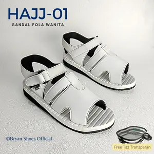 Sepatu Bryan Hajj-01 Putih Hitam Size 36-43 Pola Kaki Wanita Karet spons empuk kuat berkualitas, Gratis tas mika Sendal Perempuan traveling sandal haji dan umroh tawaf platform wedges tinggi cewe terbaru