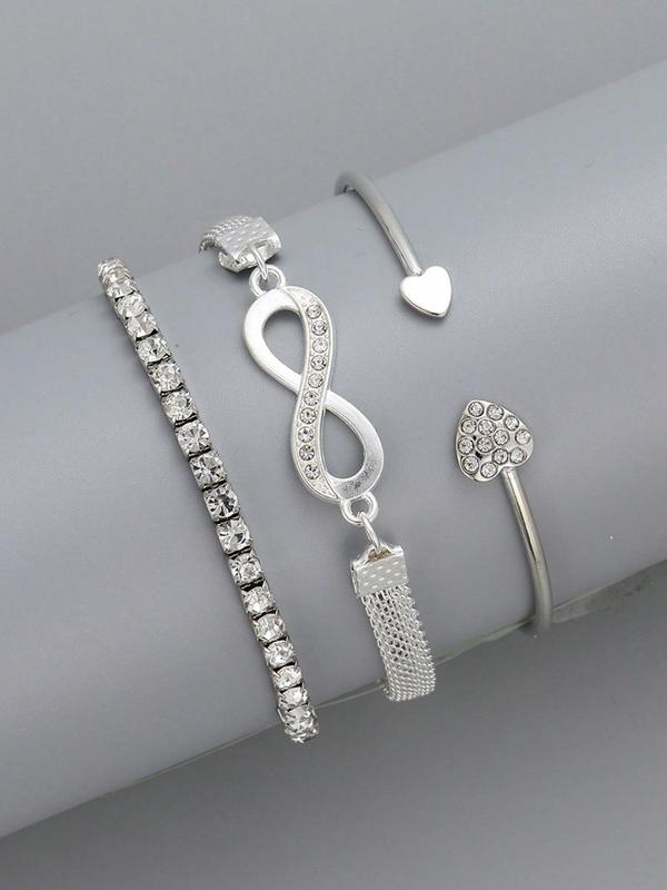 3pcs/set Women's Minimalist Elegant Rhinestone Decorated Heart Design Bracelets Bangle, Fashion Accessories for Party, All-match Fashion Jewelry for Daily Wear, Girls Birthday Gift, Valentine's Day, Gift, Bracelets Stack 3