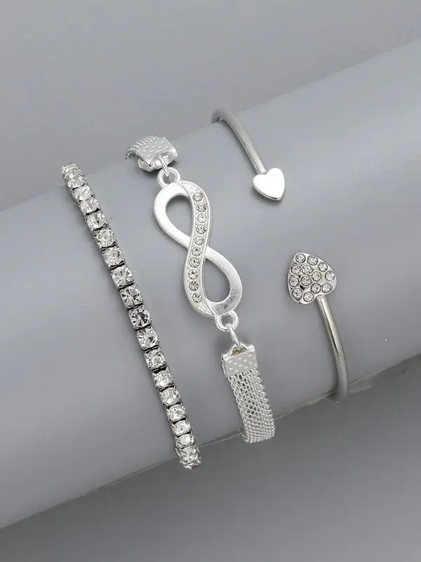 3pcs/set Women's Minimalist Elegant Rhinestone Decorated Heart Design Bracelets Bangle, Fashion Accessories for Party, All-match Fashion Jewelry for Daily Wear, Girls Birthday Gift, Valentine's Day, Gift, Bracelets Stack 3