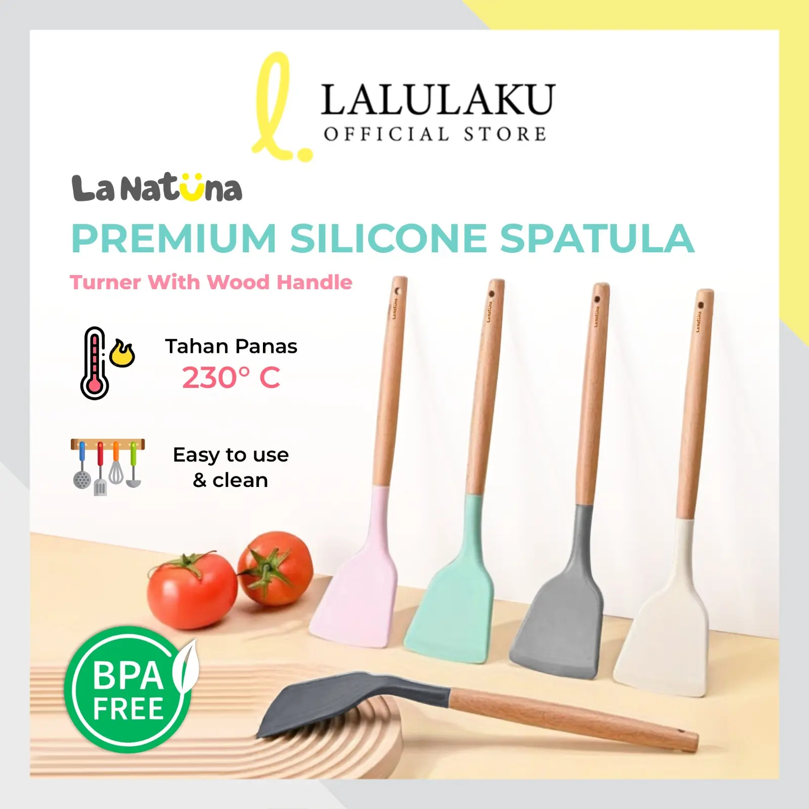 Spatula Silikon Utensil Gagang Kayu Tahan Panas Sutil Pegangan Kayu Peralatan Memasak