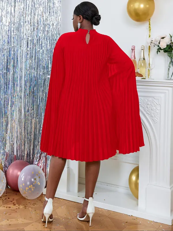 Plus Size Solid Color Cloak Sleeve Pleated Dress, Plus Elegant Keyhole Neckline Knee Length Dress for Party Holiday Wedding Guest, Women's Plus Clothes for All Seasons 1