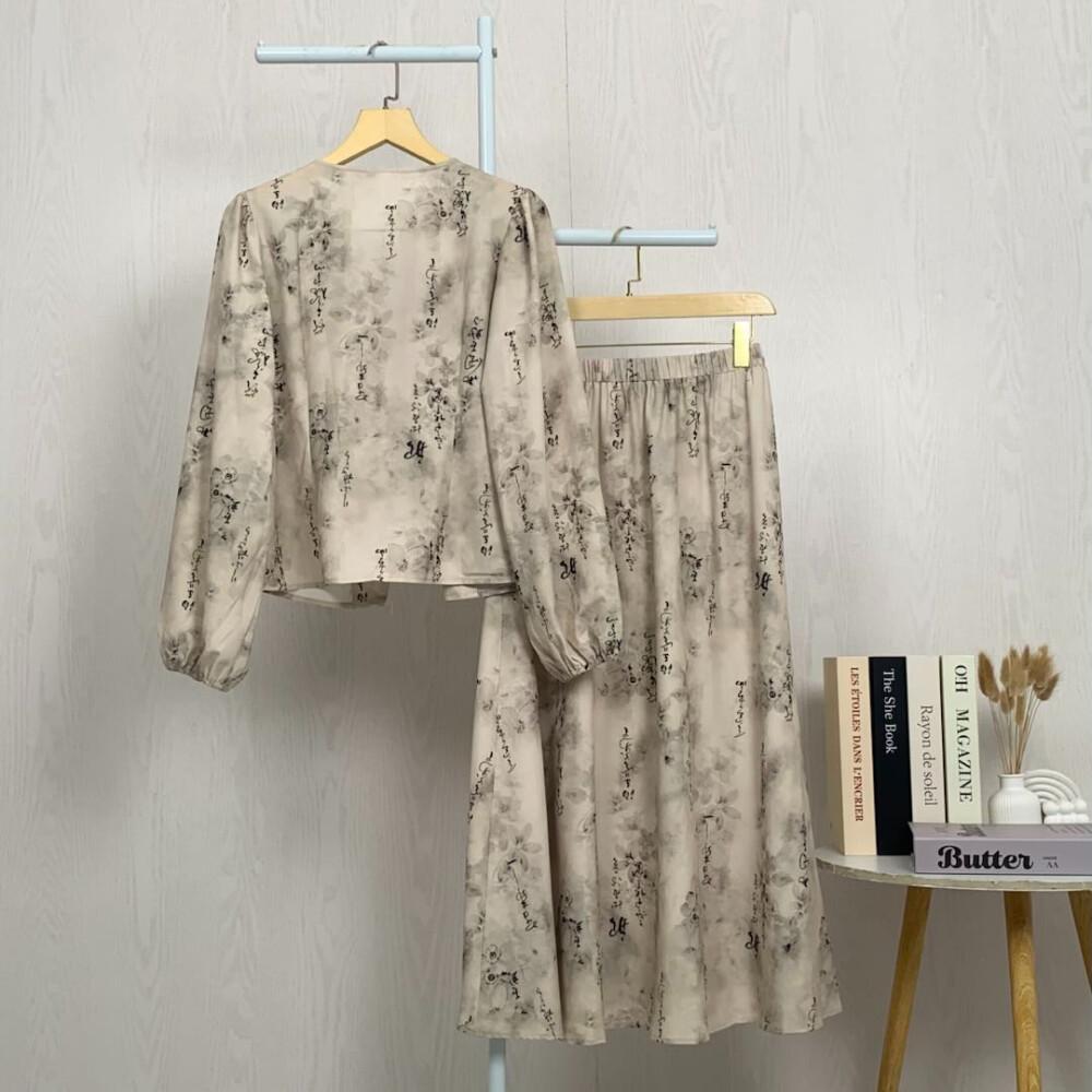 Asaya Setelan wanita bergaya retro Tiongkok, atasan lengan panjang dengan kancing buatan tangan dipadukan dengan rok model A-line yang stylish