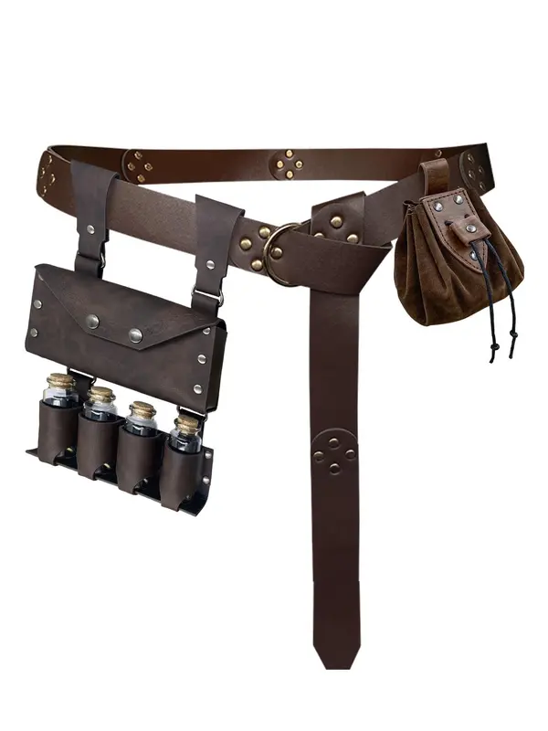 Vintage Medieval Dress Costume Rivet & Grommet Eyelet Decor Belt & Belt Bag & Pouch Set, Medieval Alchemy Belt Set for Party, Cosplay 0