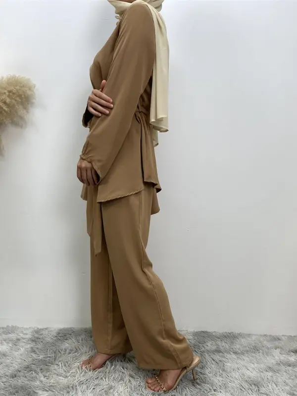 Two-Piece Set Women's Solid Zip Up Belted Top & Wide Leg Pants Two-piece Set, Modest Long Sleeve Round Neck Top & Trousers for Daily Wear, Ladies Fall Clothes 7