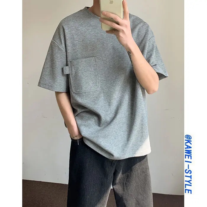 Summer Men's Design Pocket T-shirt Bottoming Shirt Short Sleeve Loose Trendy All-Match Solid Color round Neck Half Sleeve T-shirt