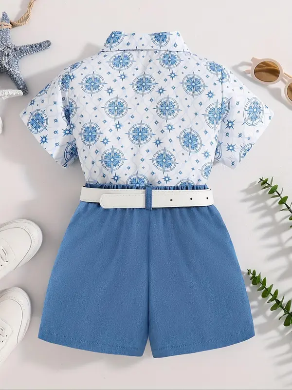 Toddler Boy's Geometric Print Short Sleeve Shirt & Bow Tie & Belt & Shorts Four-Piece Set, Casual Summer Clothes for Kids 1