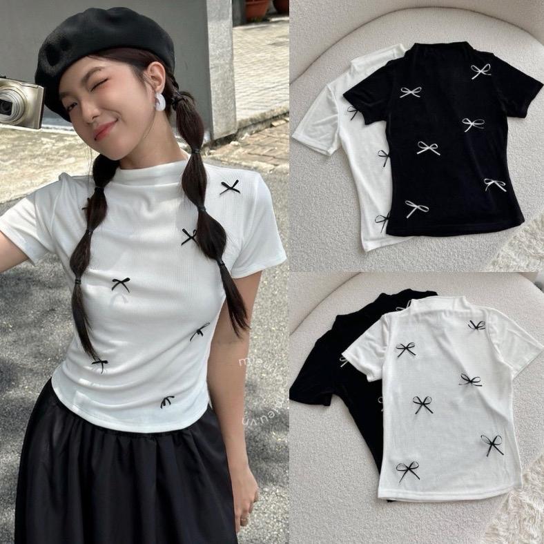 Áo BABY TEE Cổ Lọ Đính nớ Xinh thun tăm lạnh mới CRT Nữ Top Women Đen Cổ Tròn