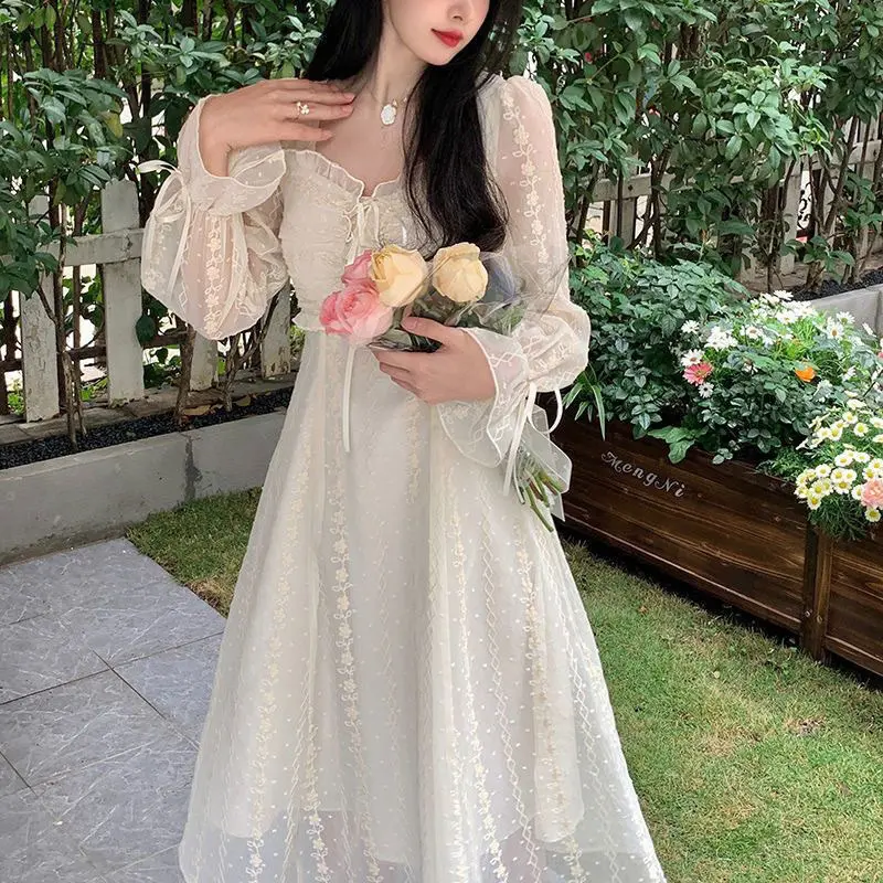 Dress Lace Fairy Dress Square Neck Chiffon Dress Korean Style Princess Dress Pesta Gaun Putih Floral Dress Retro Dress Pantai Dress Vintage Dress Cream Dress Kondangan Dress mewah M367 3