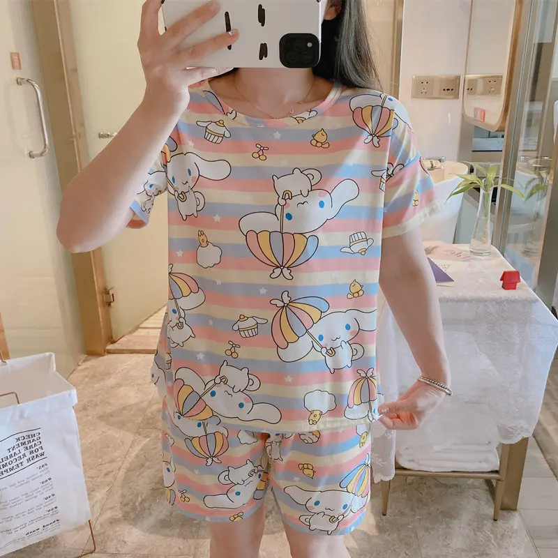 Set Piyama Setelan Baju Tidur Wanita Oversize Bahan Kaos Lengan Pendek Dewasa Motif Karakter Kartun - piyama wanita motif