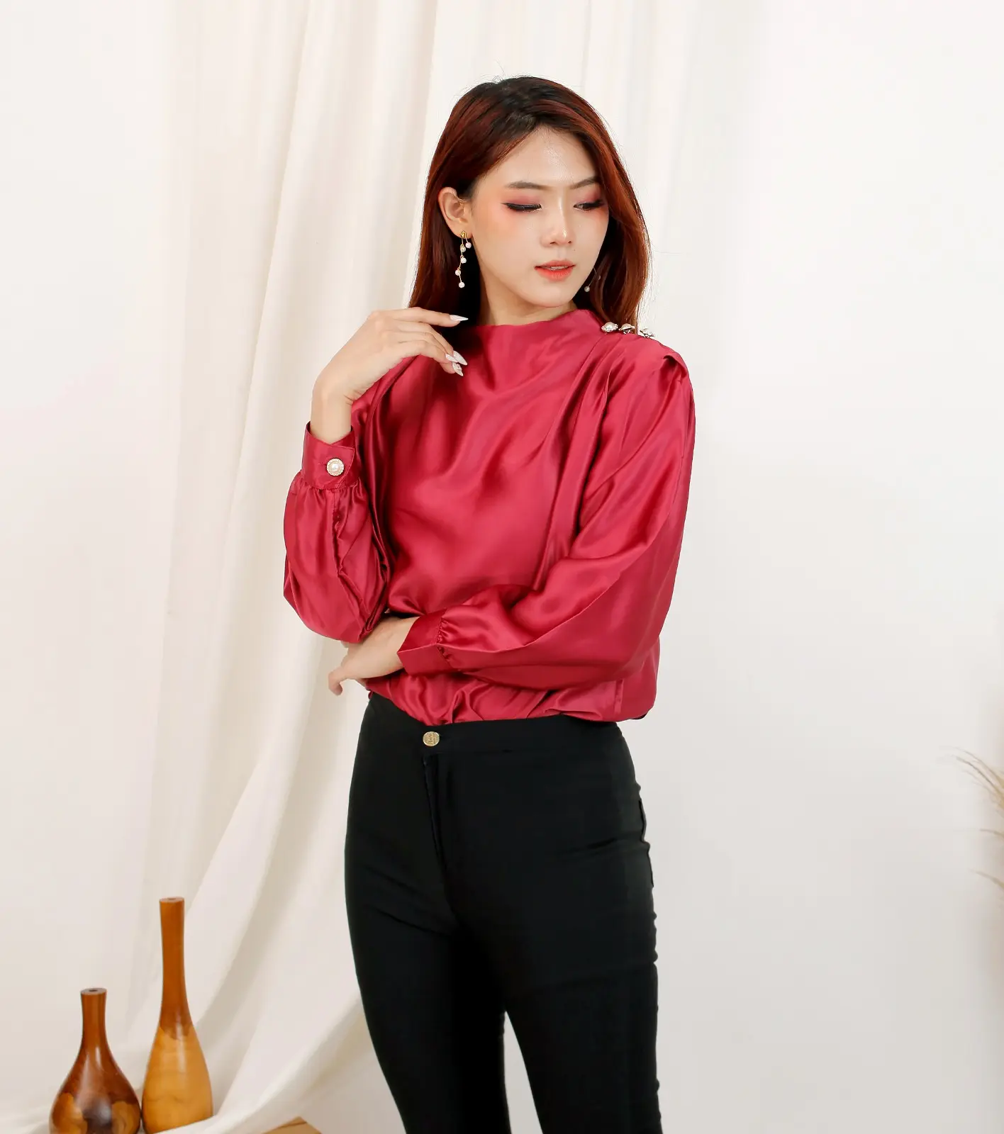 blouse Healtherneck/Blouse atasan wanita satin kerja nyaman Panjang Casual