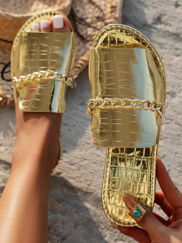 Women's Fashionable Chain Decorated Slides, Casual Comfortable Flat Sandals for Summer, Lightweight Breathable Shoes for Beach Vacation, Footwear 0