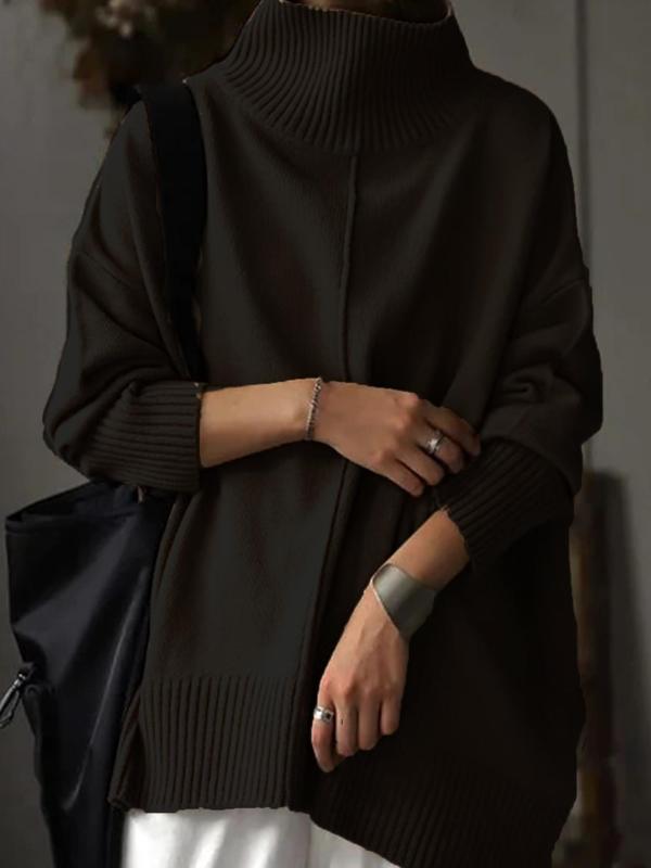 Women's Solid Color Drop Shoulder High Neck Sweater, Casual Long Sleeve Jumper for Spring & Fall, Fashion Women's Knitwear for Daily Wear 3